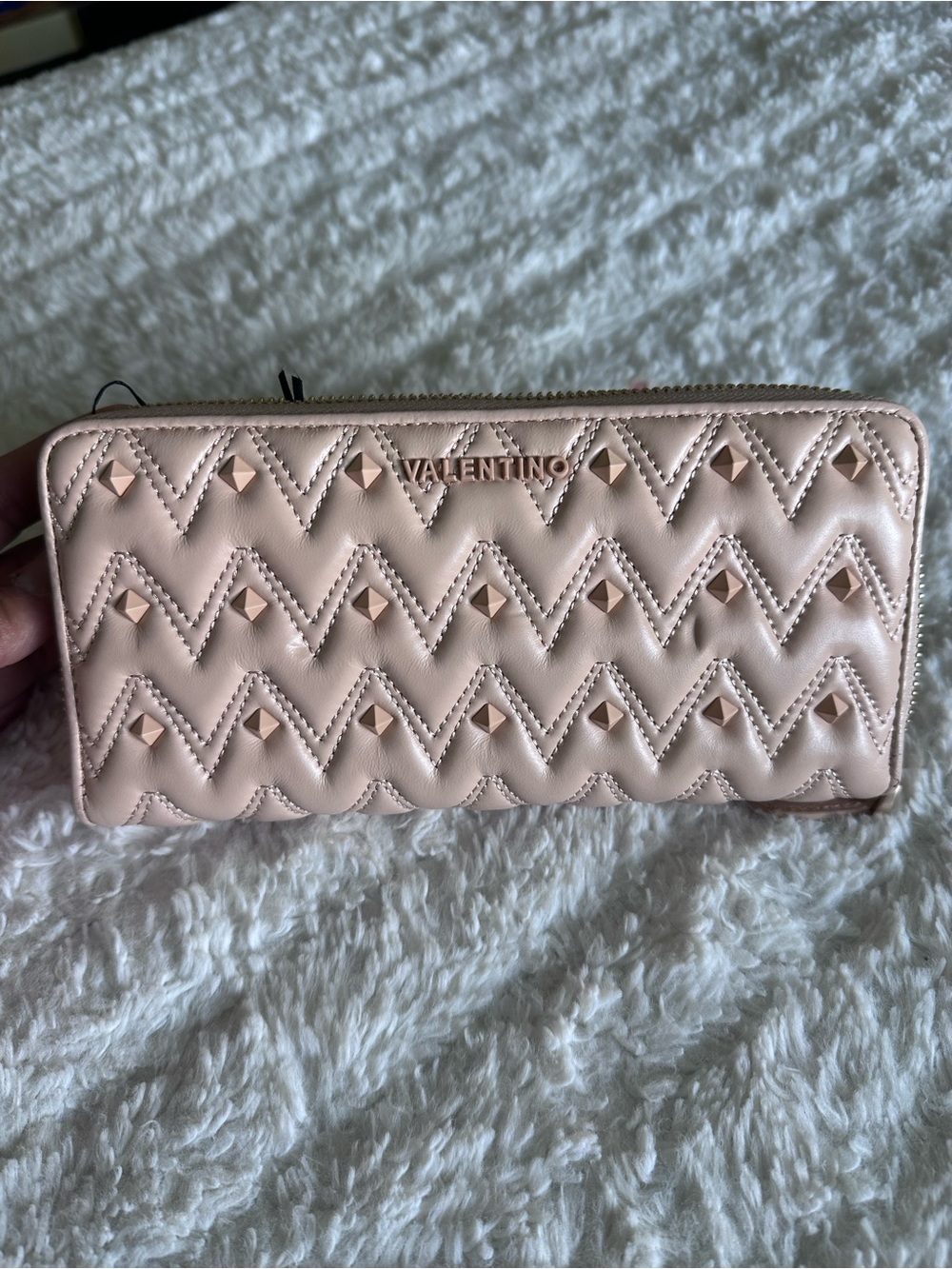Valentino Quilted Pyramid-Stud Zip Wallet in Blush Pink